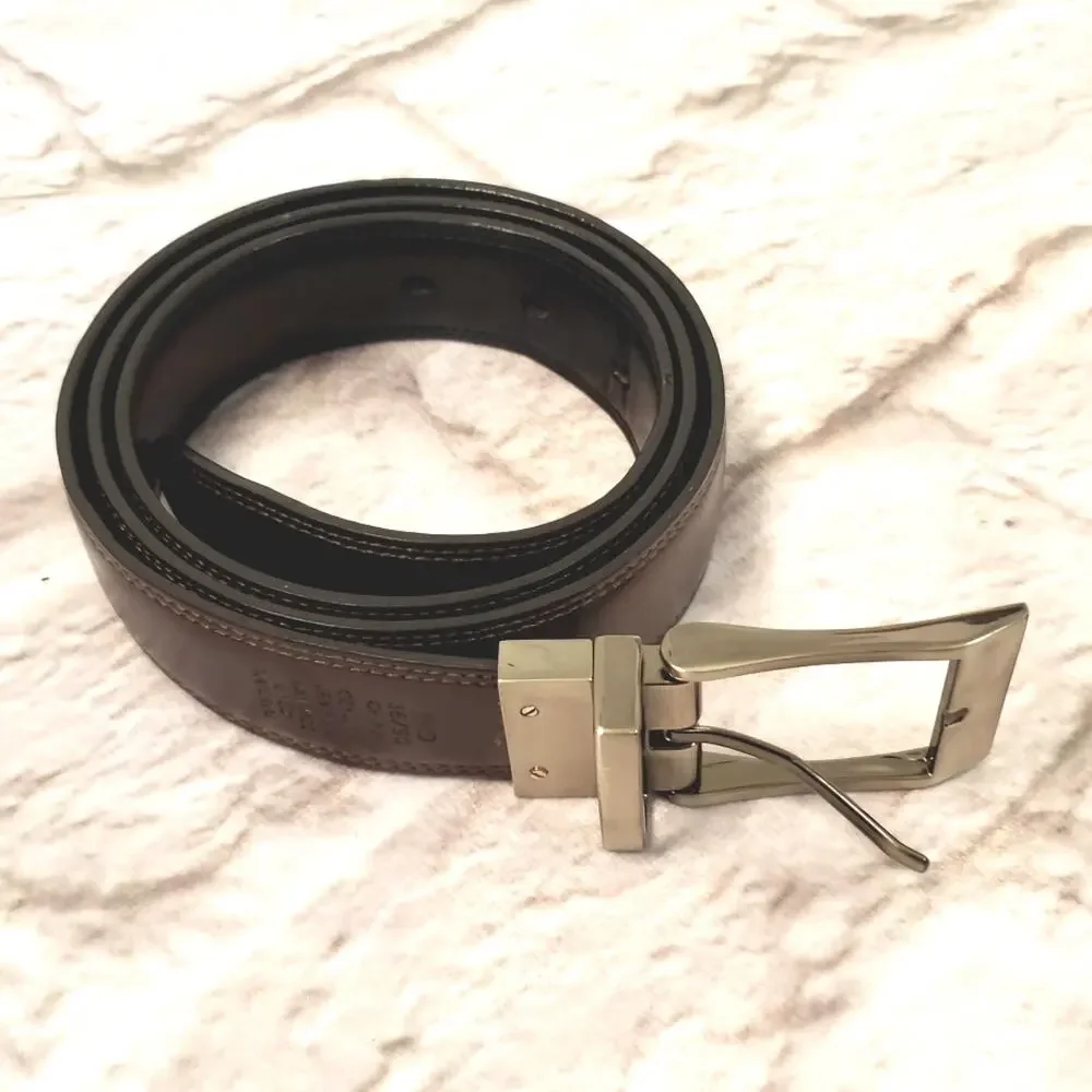 Men’s Black Brown Reversible Leather Belt Size 36 Gunmetal Buckle